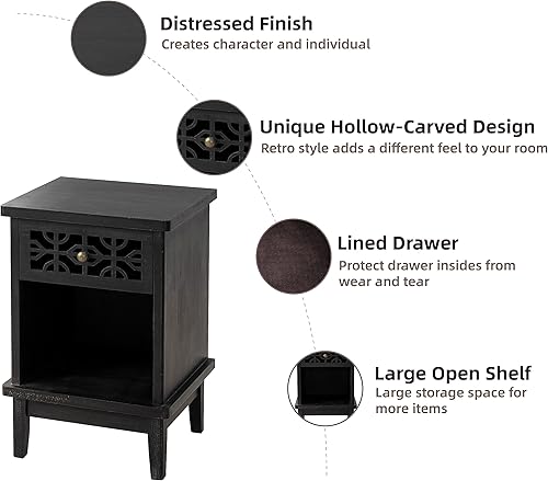 Miniatura 3 de COZAYH Mesita de noche rústica retro, mesa auxiliar de abeto sólido con parte delantera tallada a mano y estante abierto para estilo bohemio, campo