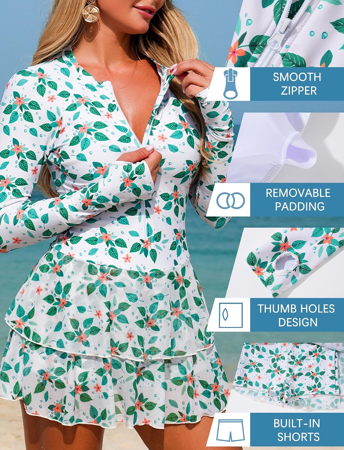 SEAUE Women's Long Sleeve Floral Swim Dress Rash Guard One Piece Skirted Bathing Suit UPF 50+ with Thumb Holes