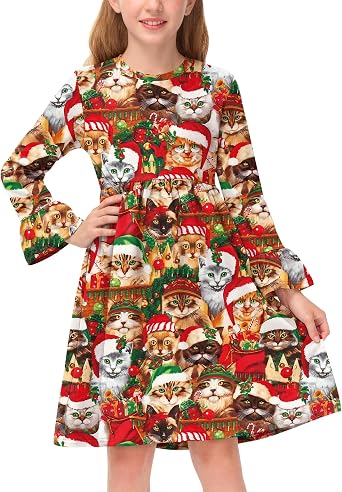 BesserBay Girls Christmas Party Bell Sleeve Pleated Twirl Dress Size 6-14 Years