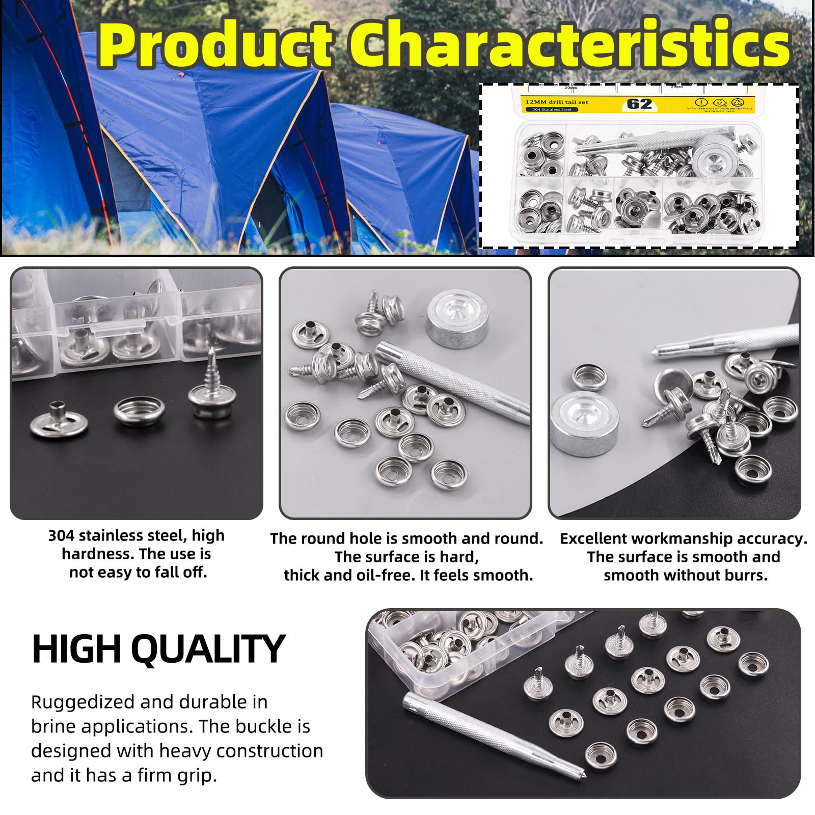 Kit di 120 bottoni a pressione in acciaio inox di grado marino per tela e tappezzeria, kit di bottoni a pressione con 2 strumenti di impostazione per mobili, tela, tessuto, barche, argento