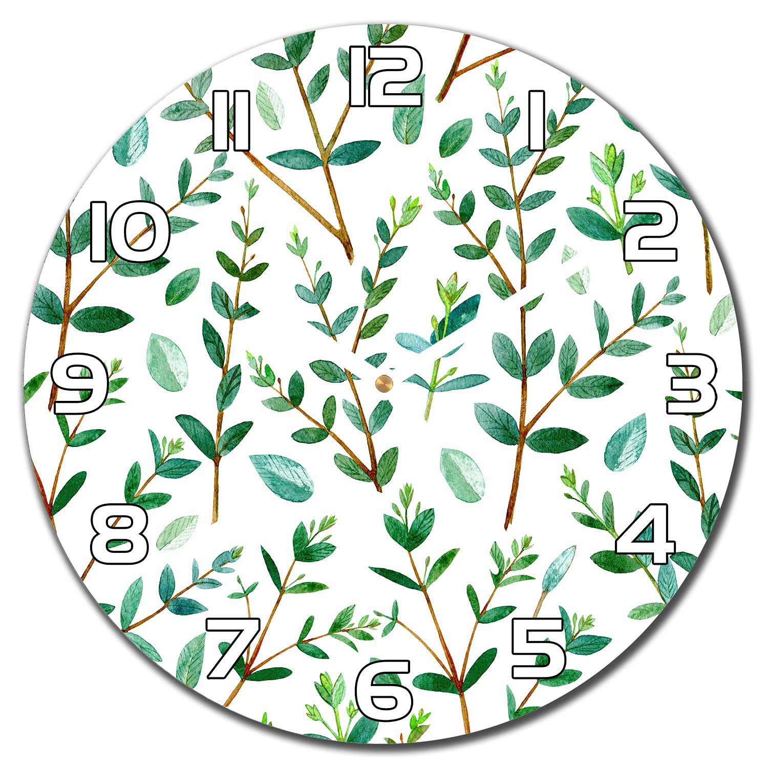 Horloge en verre 30 cm motif feuilles de forêt aiguilles blanches Coloray