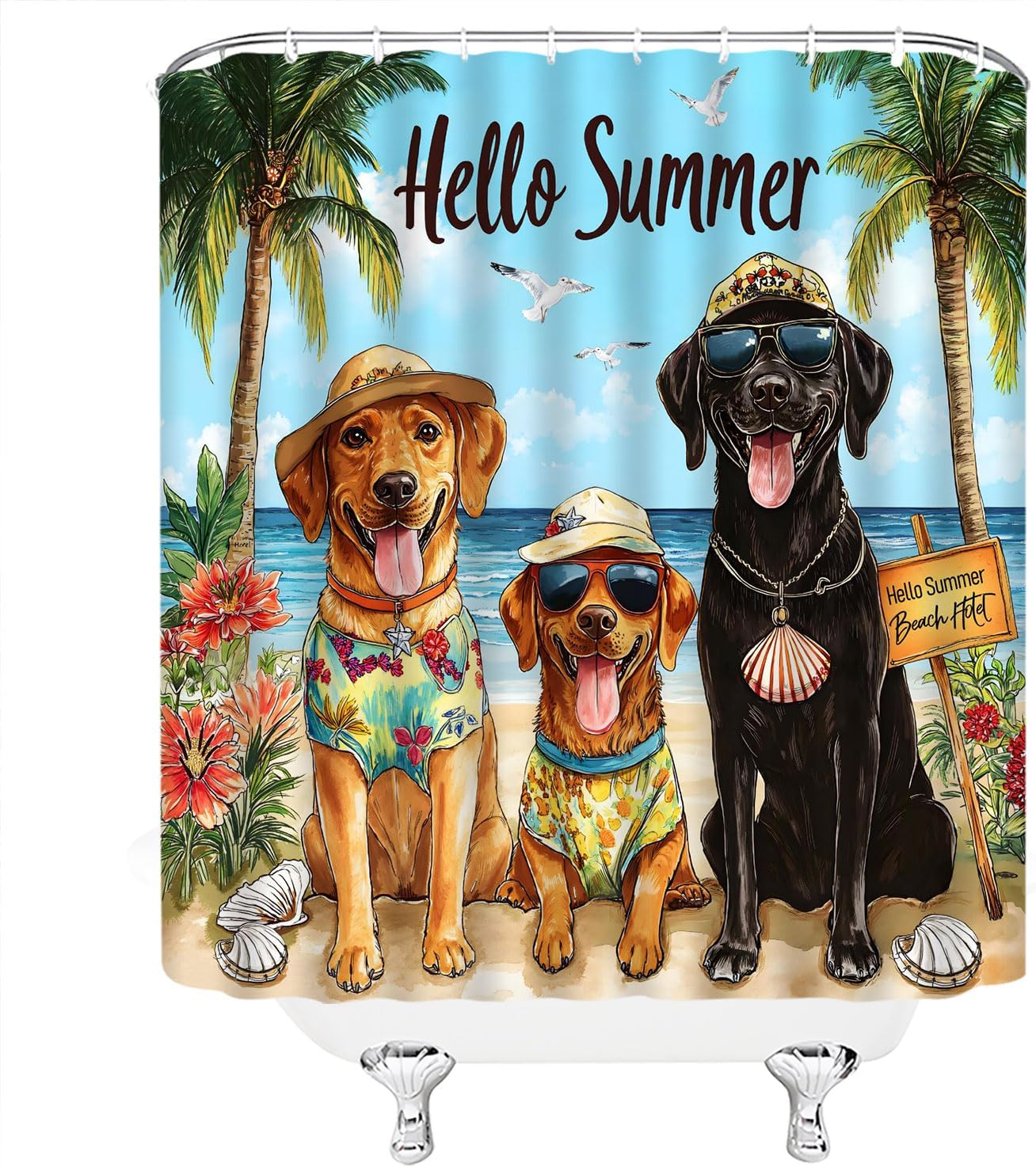 Funny Dog Beach Shower Curtain Summer Ocean Palm Tree Tropical Seaside Hawaii Vacation Bathroom Polyester Fabric Curtains with Hooks 90Wx70H Inch
