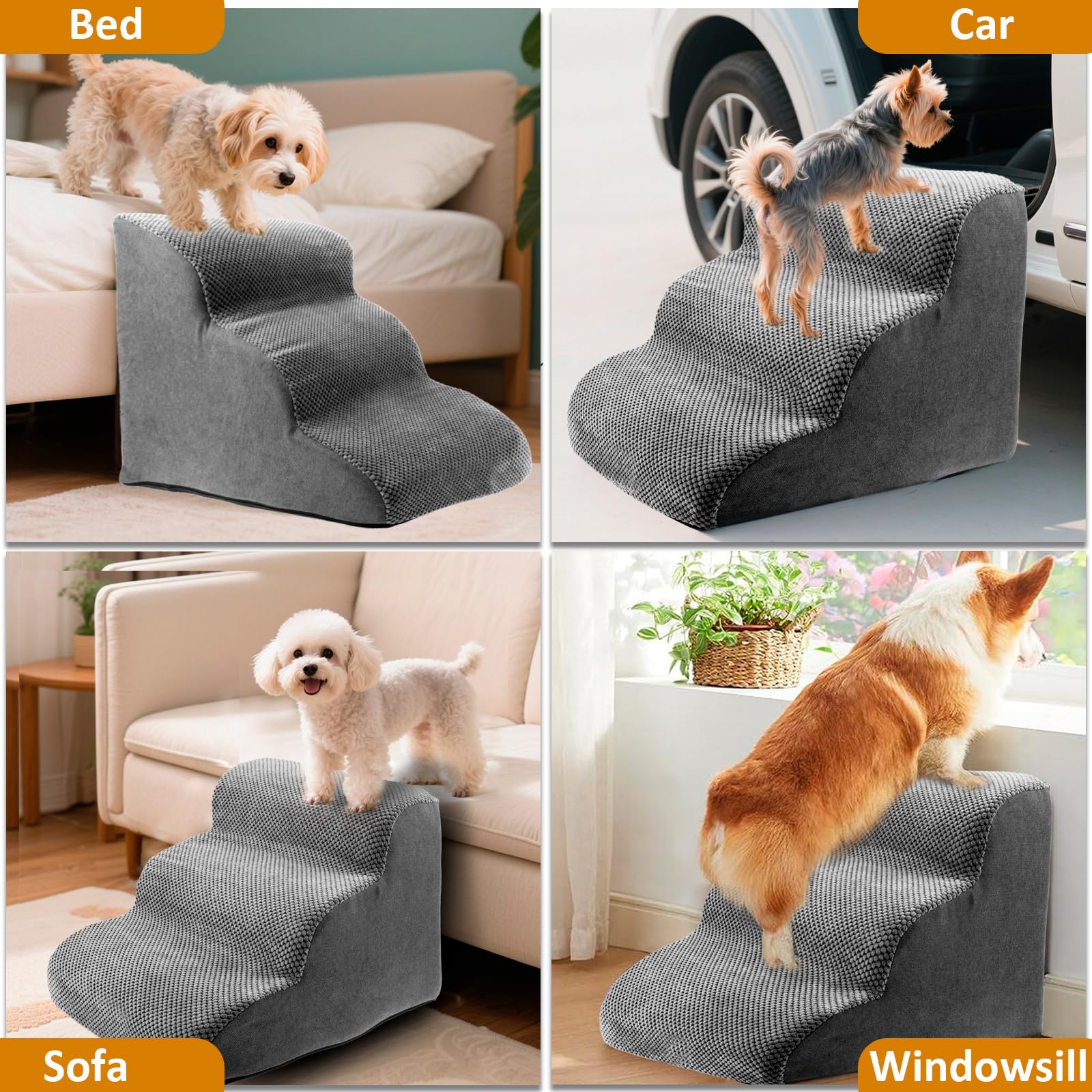 Haustiertreppe Hundetreppe 35cm 3 Stufen rutschfest mit Waschbarem 3D Cordbezug, Hundetreppe für Kleine Hunde Hochwertige Schwamm, Hunderampe für Kurzbeiniger Hund