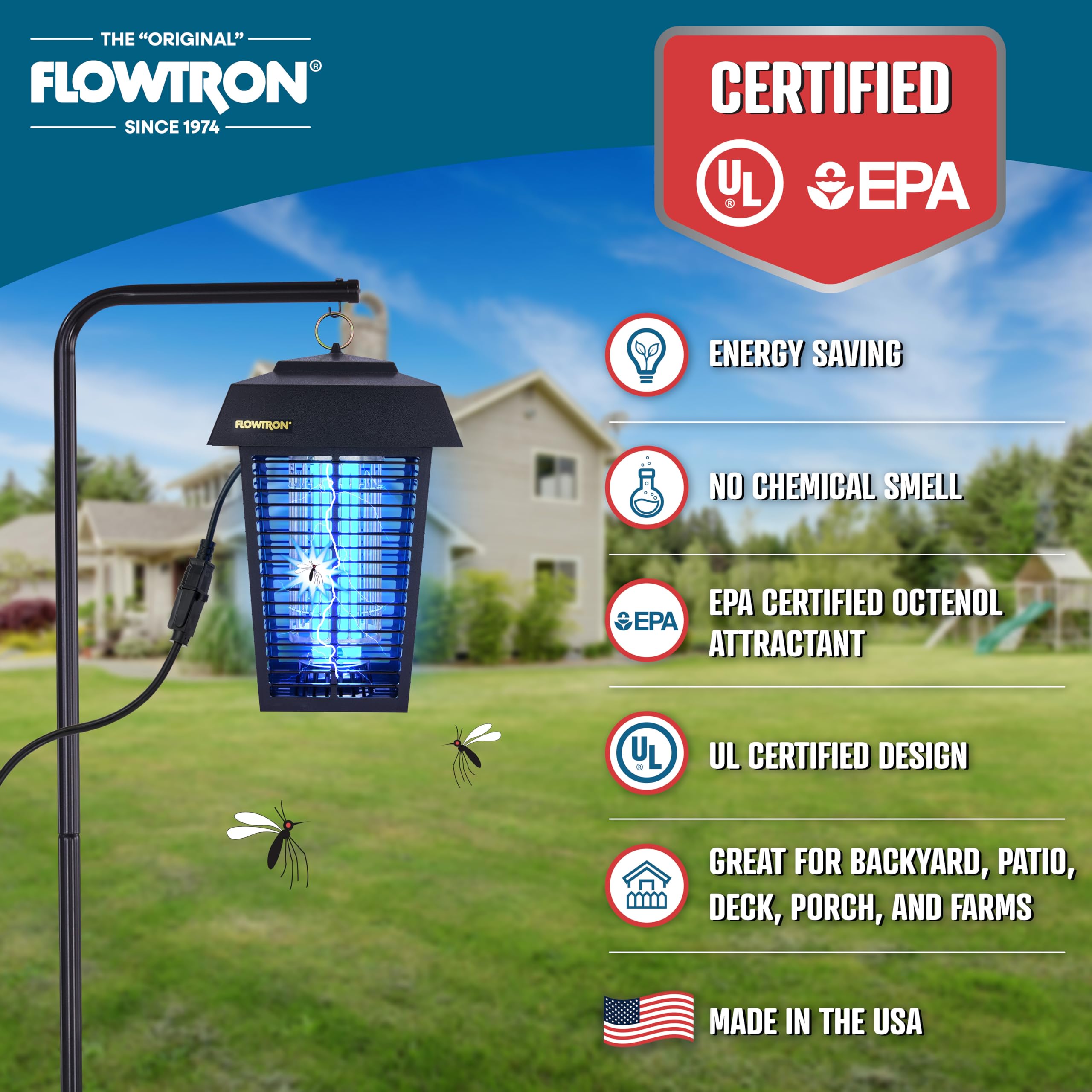 Flowtron Insektenvernichter, 1 Hektar Außenabdeckung mit leistungsstarker 40-W-Glühbirne und 5600 V sofortiges Tötungsgitter, elektrischer Insekten-, Fliegen- und Mückenvernichter, hergestellt in den