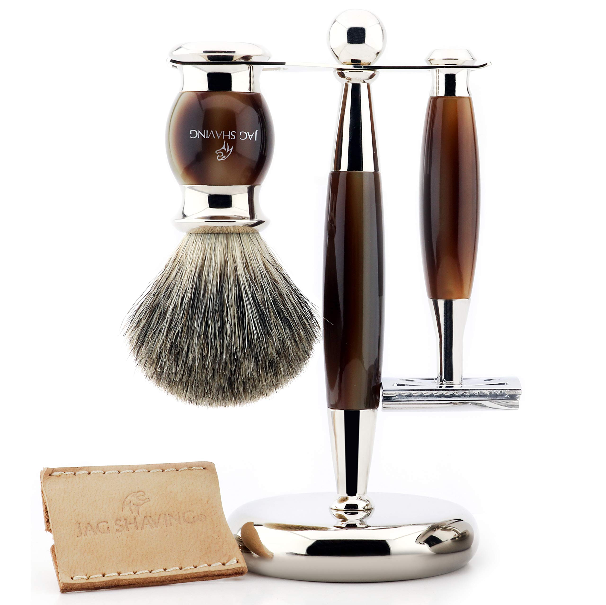 Jag Shaving Klasyczny męski zestaw do golenia z podwójną krawędzią golarka, szczotka do golenia włosów z super borsukiem, stojak i miska i skórzany futerał do golenia maszynki do golenia idealny zestaw dla mężczyzn