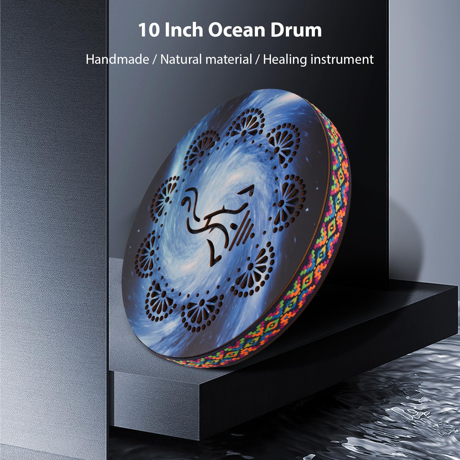 Btuty 10 Pollice Ocean Drum Etnico Percussione Strumento Dipinto Modello di Tamburo di Legno di Betulla Bordo Intrecciato per Casa Forniture per Feste Musica Onomatopeica Portatile Tamburo A Mano