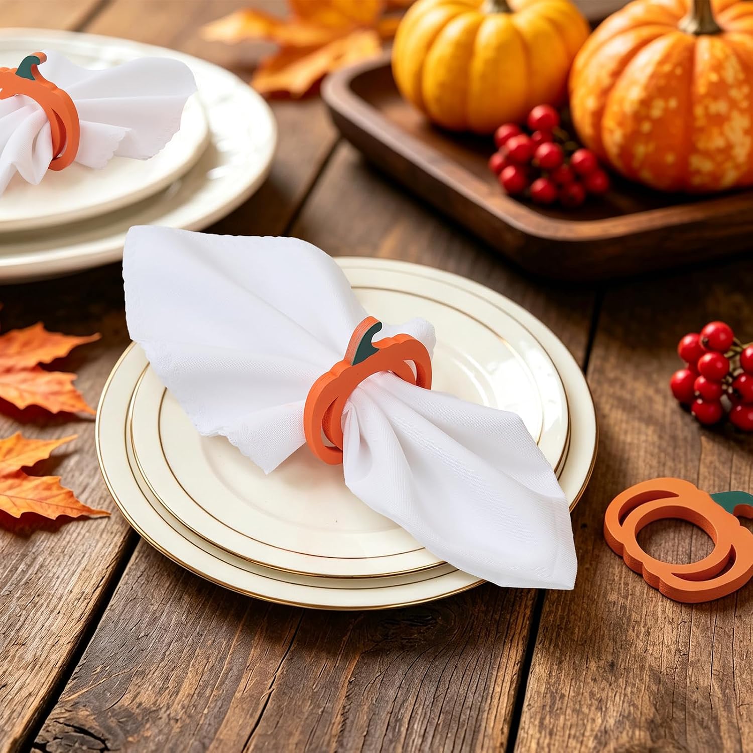 Thanksgiving Pumpkin Wooden Napkin Rings Set of 6, Thanksgiving Table Decor