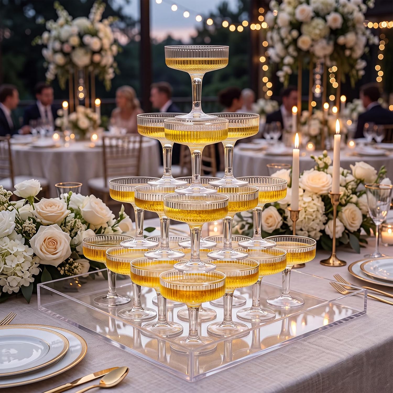 20 Pcs 7oz Plastic Champagne Tower with Acrylic Serving Tray