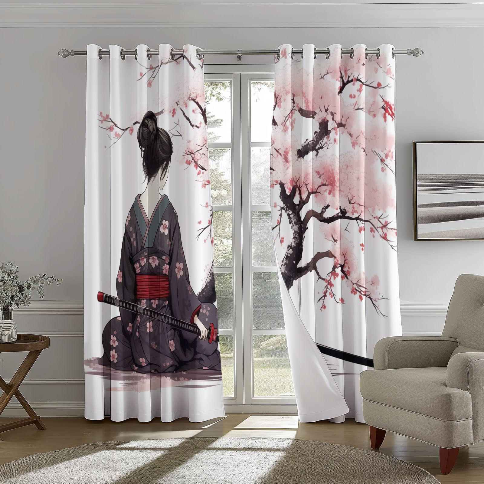 Tende Geisha giapponese Albero di ciliegio in fiore Tenda Oscurante 140L x 260A cm (2 Pannelli) Isolante Con Occhielli Per Camera Da Letto Tende Soggiorno Rosa