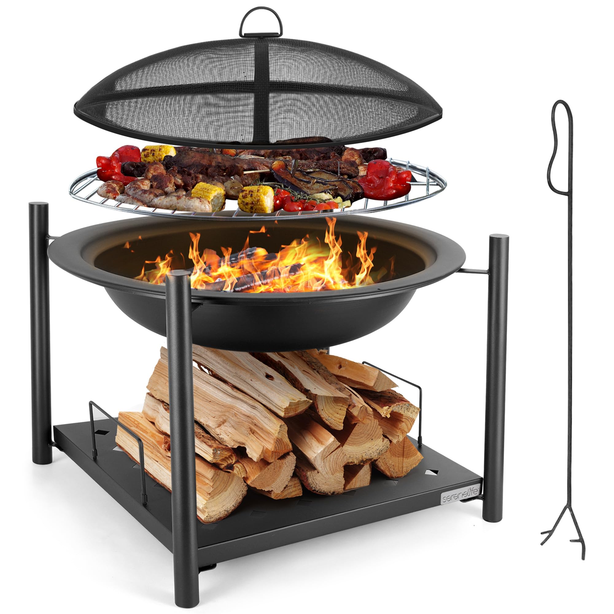 SereneLife Portable Outdoor Fire Pit - 2-in-1 Steel BBQ Grill and 26" Wood Burning Fire Pit Bowl with Mesh Spark Screen, Log Grate, Fire Poker, and Cover for Camping, Picnic, Bonfires