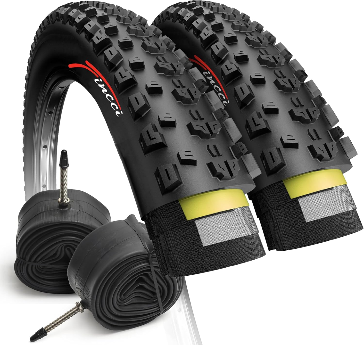 Fincci Set 27.5 x 2.25 Inch Mountain Bike Tire with Bike Inner Tubes 48mm Presta Valve - Knobby Foldable Tyre 57-584 60 TPI with Nylon Protection 1 mm for Dirt, Mountain, Enduro Bicycles, E-Bike