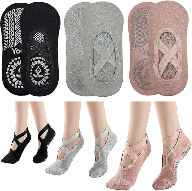 3 Pairs Non-Slip Yoga Socks for Women with Grip Studs & Straps