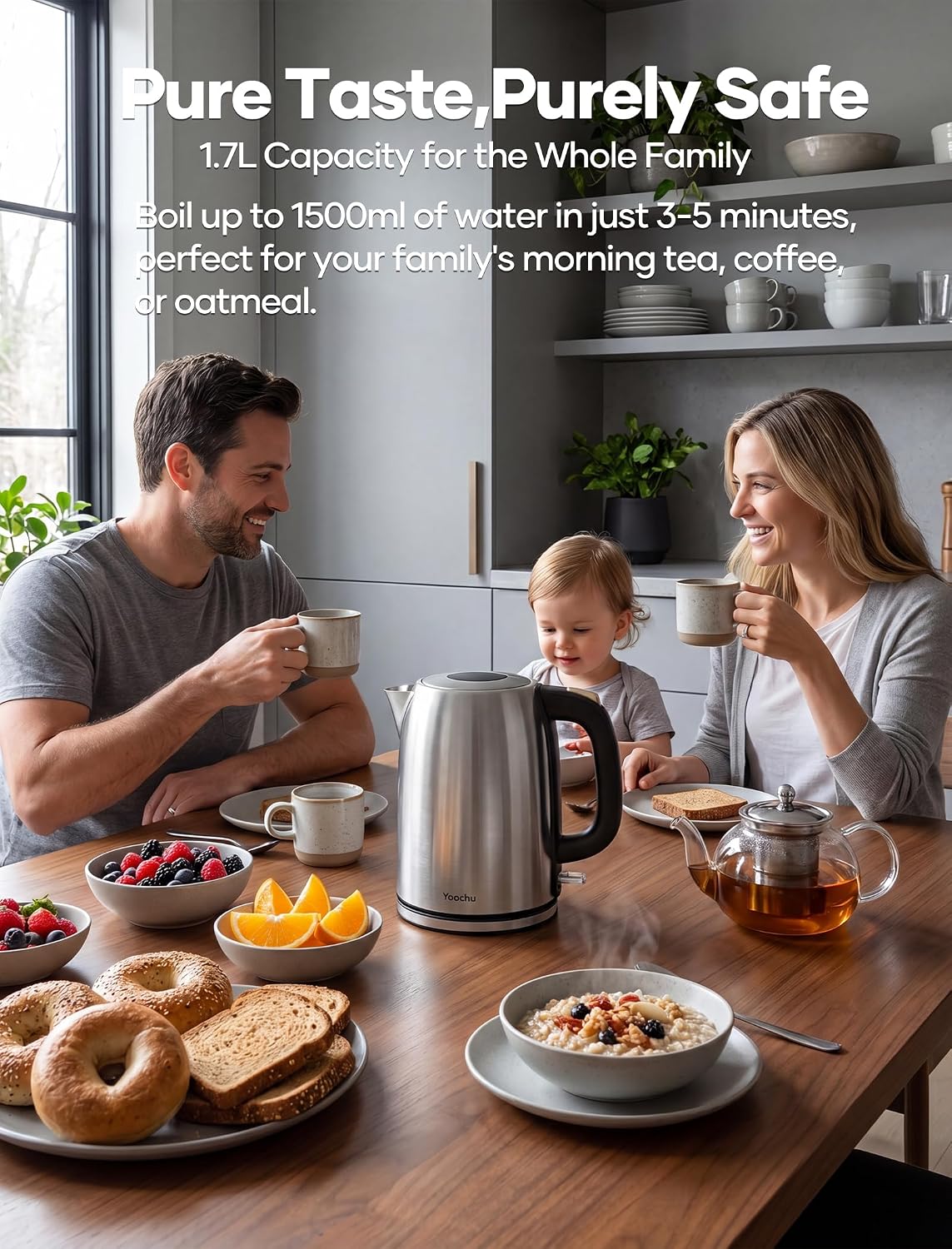 Electric Kettle Stainless Steel, 1.7L Water Boiler & Heater, 1500W Hot Tea Pot, Boil Dry Protection & Auto Shut-Off, BPA-Free thumbnail