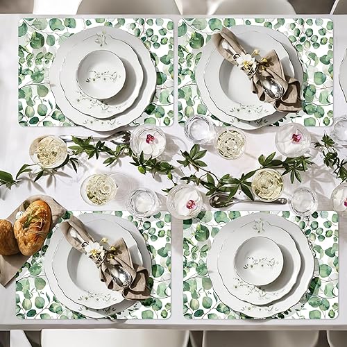 Miniatura 5 de Juego de 6 manteles individuales de plástico con hojas de eucalipto primaverales, manteles individuales de hojas de acuarela de verano, lavables,
