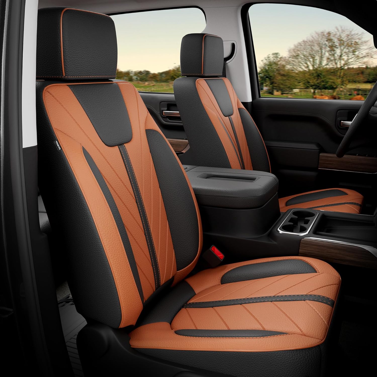 FREESOO for Silverado Breathable Leather Full Set Seat Covers, Fit for Chevy Silverado 2019 2020 2021 2022 2023 2024 2025 2026, GMC Sierra 1500 Crew Cab Waterproof Truck Seat Covers-BlackBrown