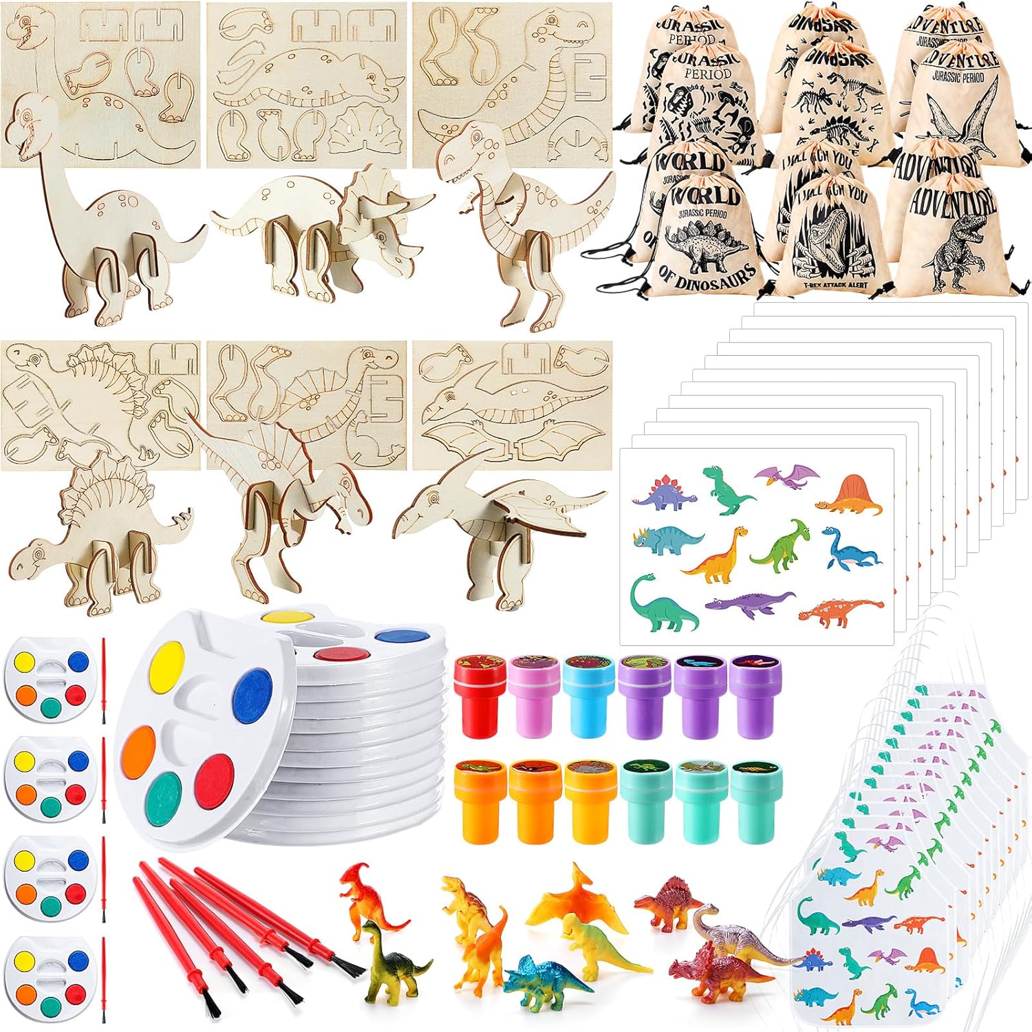 84 Pcs Art Paint Party Favor for Kids Dinosaur DIY Paint Set Include Board Painting, Apron, Five Classic Color Palette, Drawstring Backpack, Stamp, Dinosaur Toy, Stickers