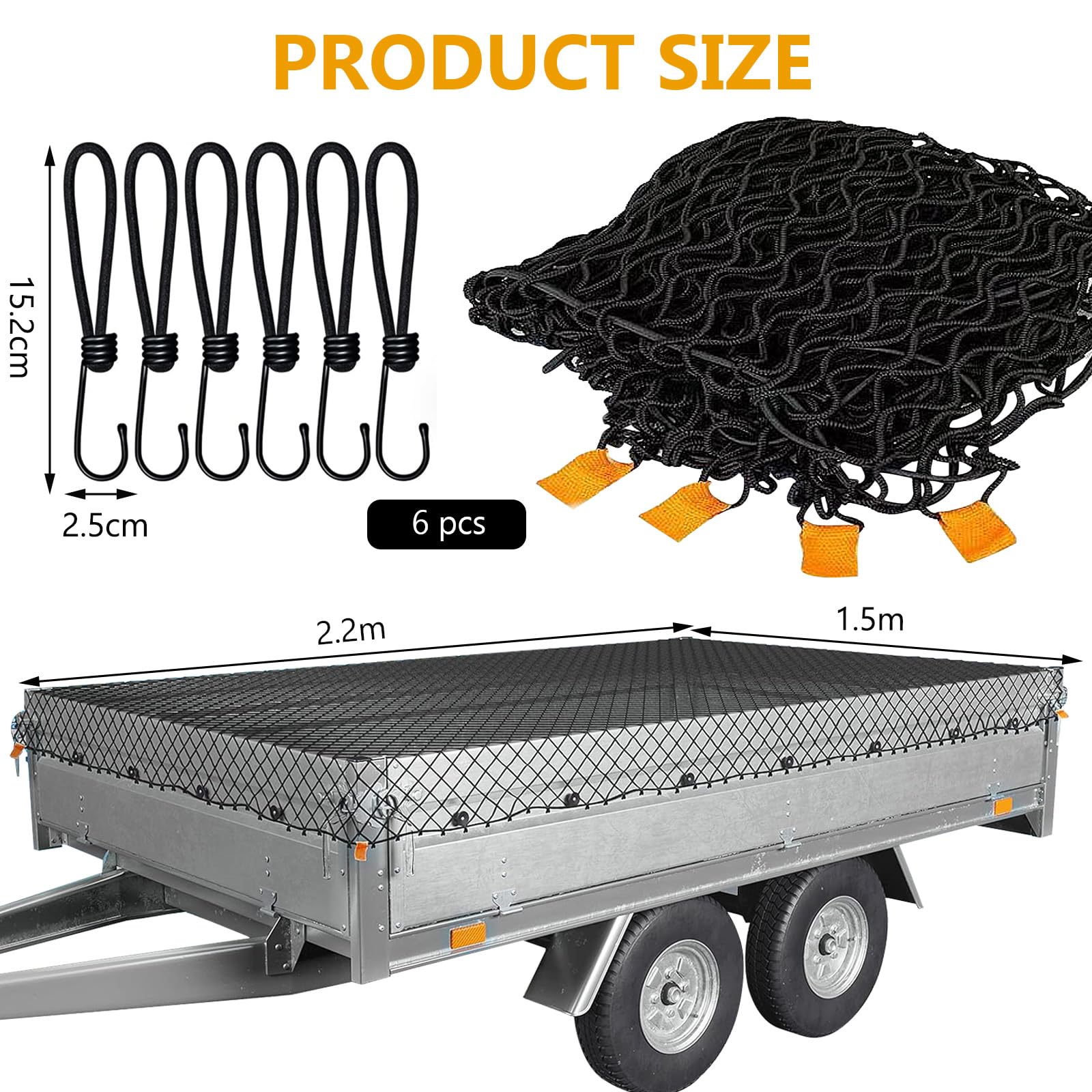 Filet Protection pour remorque 1.5 x 2.2 m, Accessoires avec Corde et Clips, Noir
