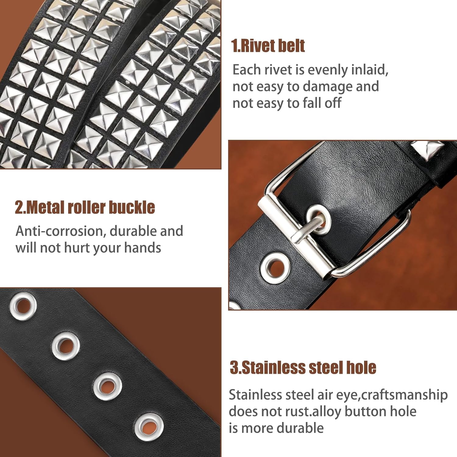 3 Pcs White Black Studded Belt Y2K Belt Gothic Punk Rock Belts with Grommet Threads Bright Metal Pyramid Cool Belts for Women Men - Image 4