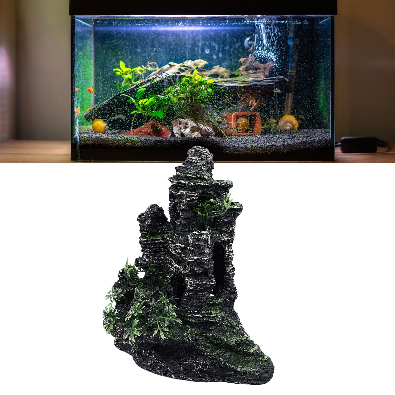 Decorazione per acquario a forma di roccia, grotta in resina per l’allestimento dell’acquario con nascondiglio, pietra dal realistico aspetto montano adatta sia agli acquari