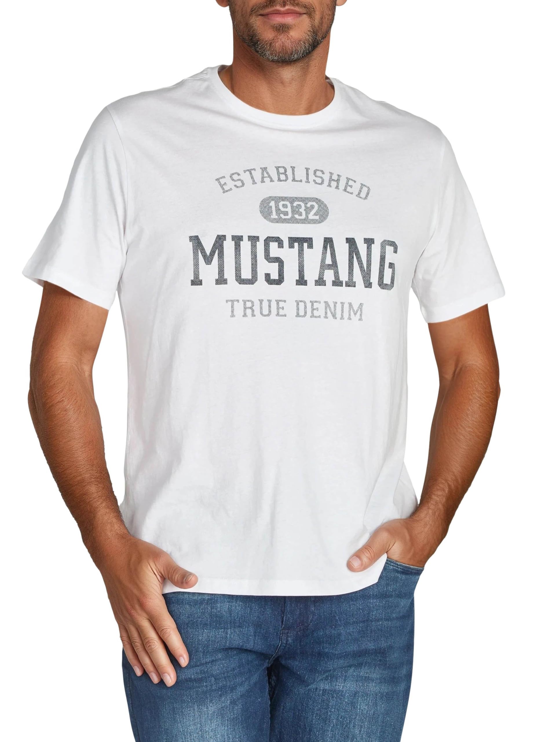 Mustang, Confezione da 4 Magliette da Uomo con Stampa Frontale e Scollo Rotondo, Colori Assortiti Blu e Nero