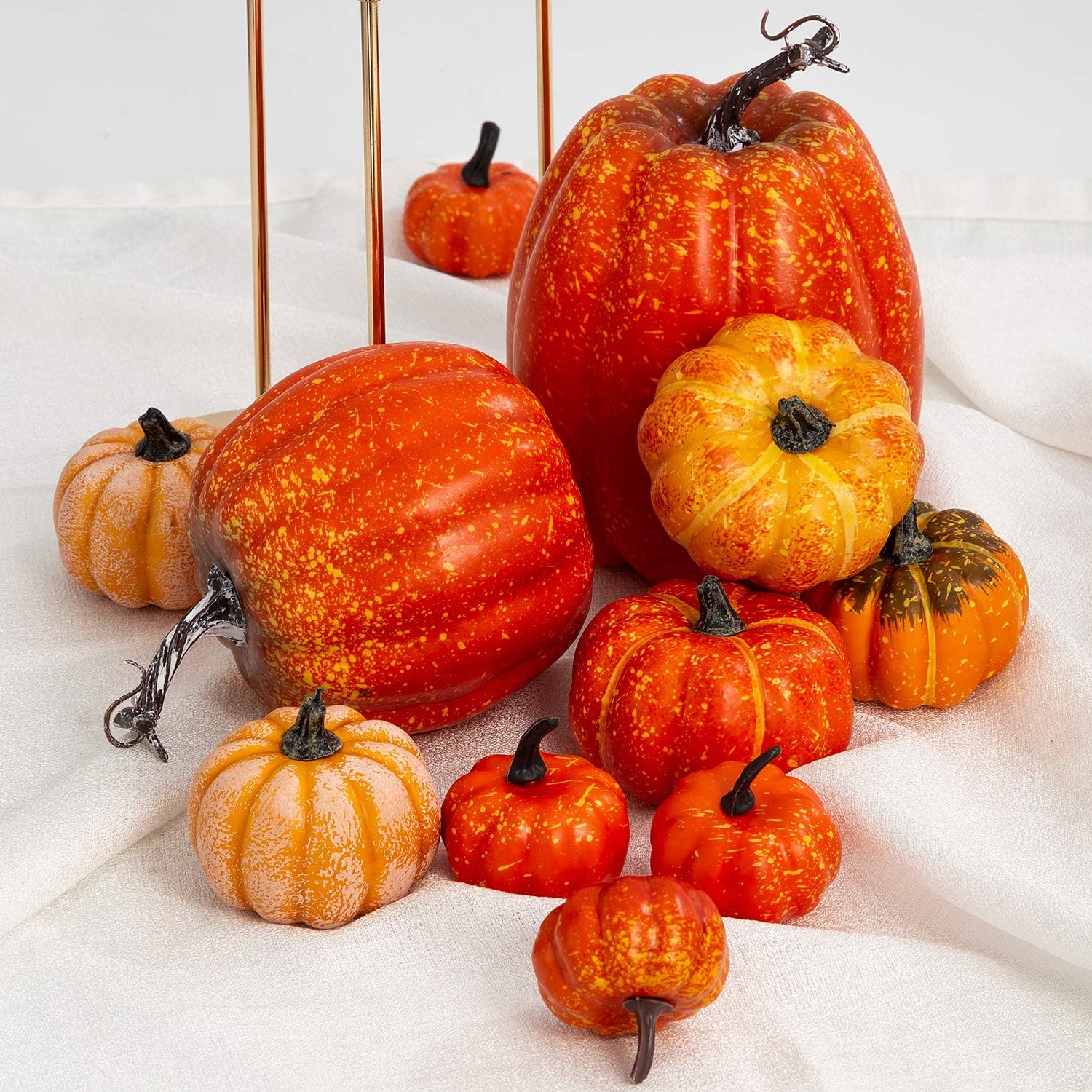Oyydecor 12Pcs Assorted Sizes Artificial Pumpkins Decoration Harvest Fall Orange Pumpkins Fake Foam Pumpkins for Fall Autumn Decor Thanksgiving Halloween Decorations (Orange, 12pcs)