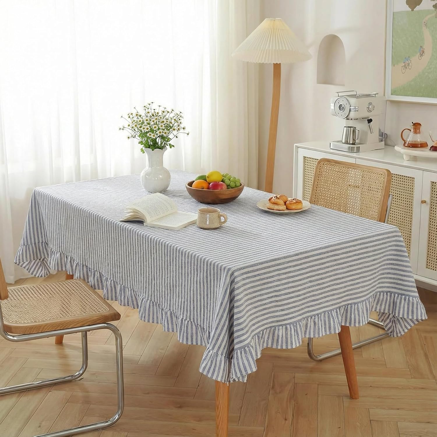 Boao Cotton 52 x 70 Inch Farmhouse Ruffle Tablecloth Blue White Striped Flounces Trim Table Cover for Rectangle Table Kitchen Party Wedding Decor