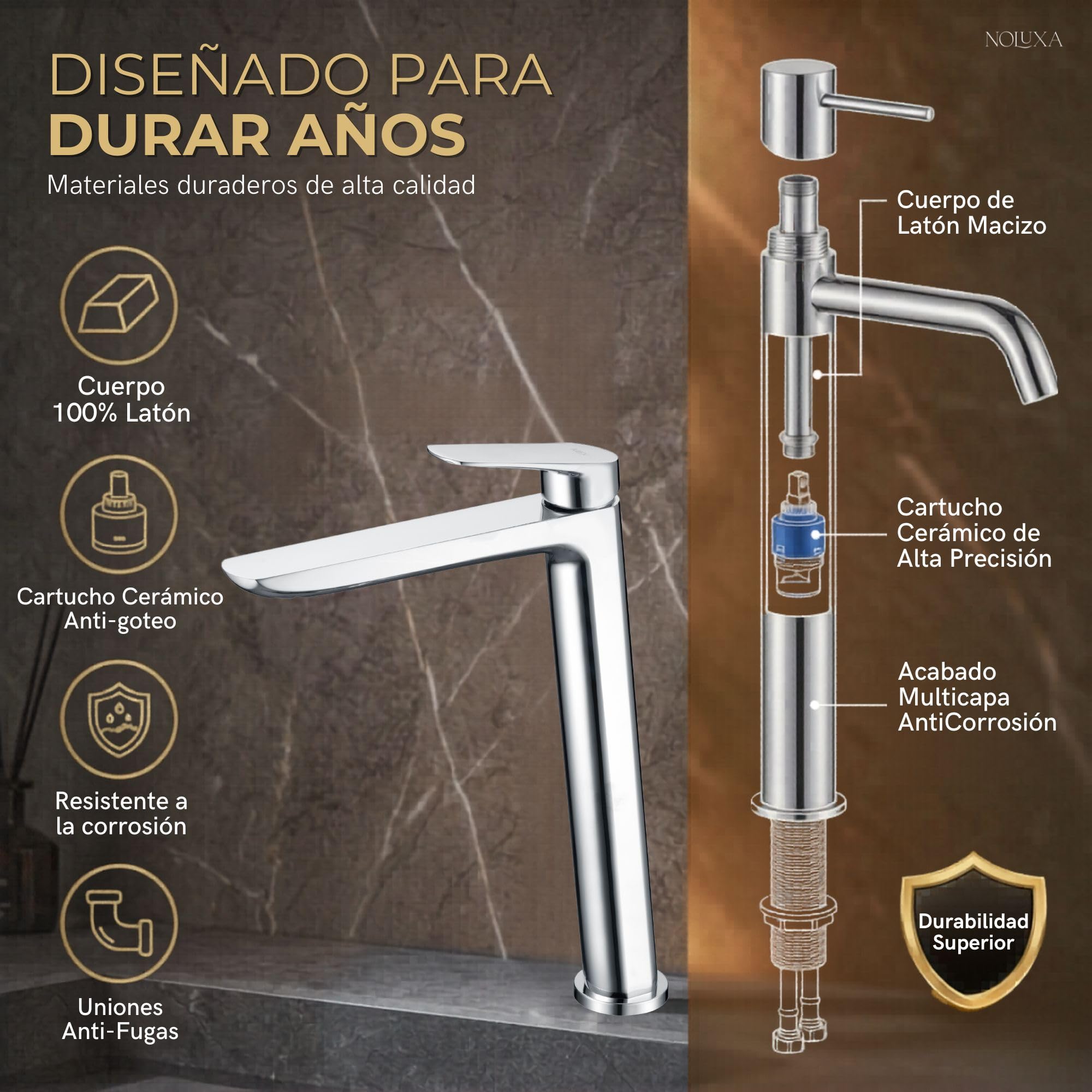 IMEX - Grifo Lavabo Cromado Caño Alto | Grifo Baño Mezclador Agua Fria y Caliente | Grifería Monomando Efeto Cascada con Caño de Latón y Ahorro de Agua | Serie Bélgica | Color Cromado