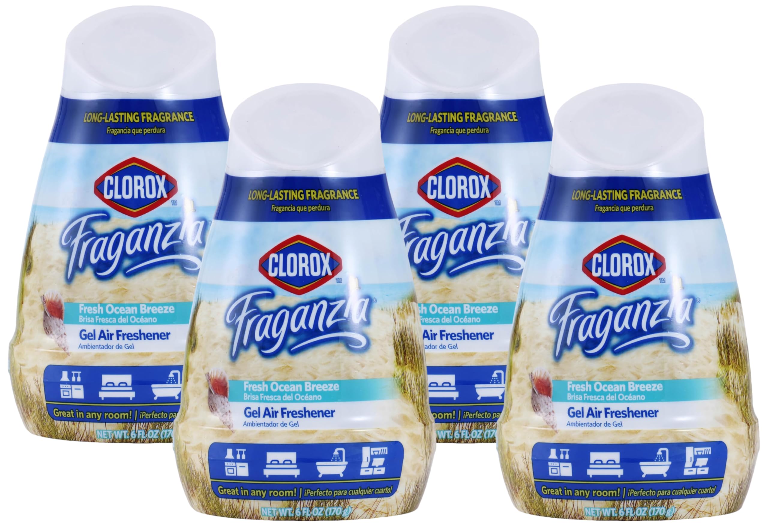 Clorox Fraganzia Gel Air Freshener Cone in Fresh Ocean Breeze, 6oz | No-Plug, Battery-Free Air Freshener for Small Rooms, Closets, Kitchens, Bathrooms, Offices and More (Pack of 4)