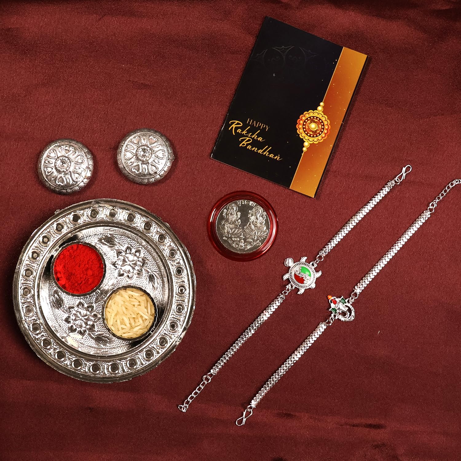 Oblivion Pooja Thali with Rakhi Set for Brother – Ganesh Ji & Turtle Design with Red & Green Mina Rakhi Set of 2 with Silver Color Coin & Greeting Card, Raksha Bandhan Celebration Combo for Bhai-picture-19