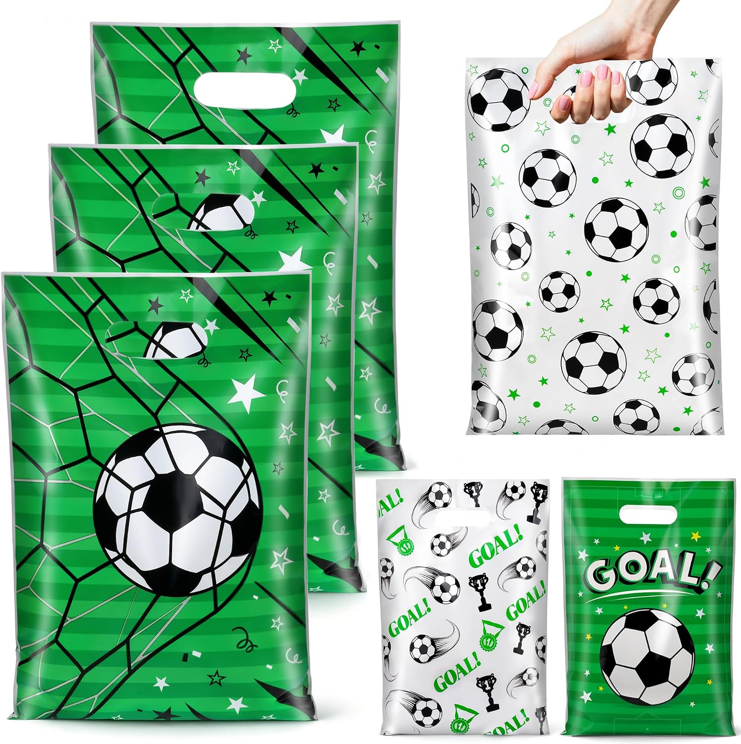 Soarvita 50 Pcs Soccer Party Favor Bags, 4 Designs Soccer Goodie Bags with Handles for Kids Birthday Party, Snack Treat Gift Bags for Team Sports Events, Candy & Soccer Theme Supplies