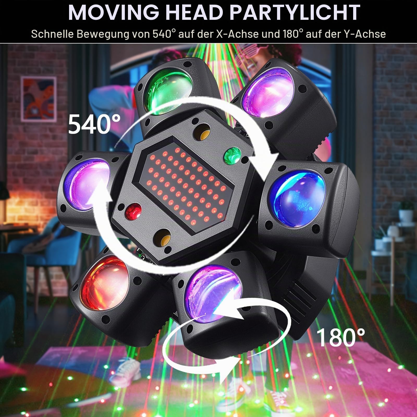 Moving Head Discolicht Partylicht, DMX512 RGB Beweglicher Scheinwerfer 6 Lichtarmen Strobe Effekt für Party KTV Familie Hochzeit Geburtstag Halloween