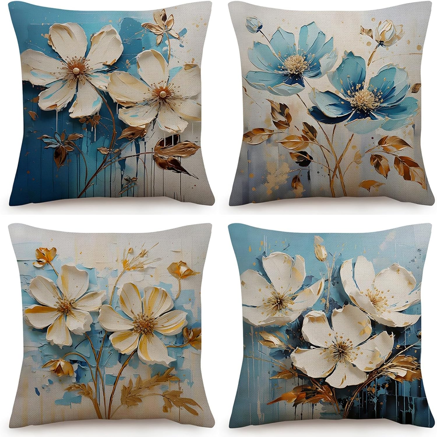 OYIMUA Linen Cushion Covers 40cm x 40cm Blue Floral Cushions Covers Set of 4 Square Cushion ...