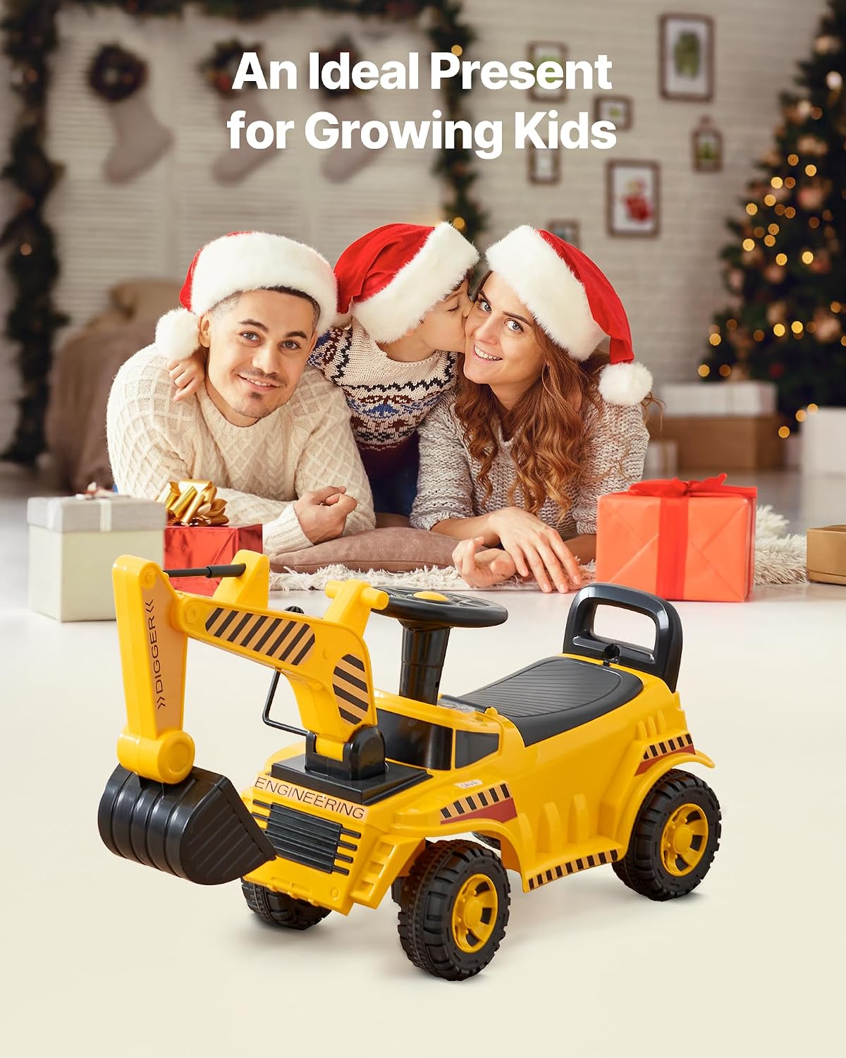 VEVOR Ride On Toddler Car, Push Car for Toddler 19 to 36 Months, Excavator Digger Toy with Helmet & Music, 55 lbs Load Capacity, Foot-to-Floor Walker for Kids, Yellow