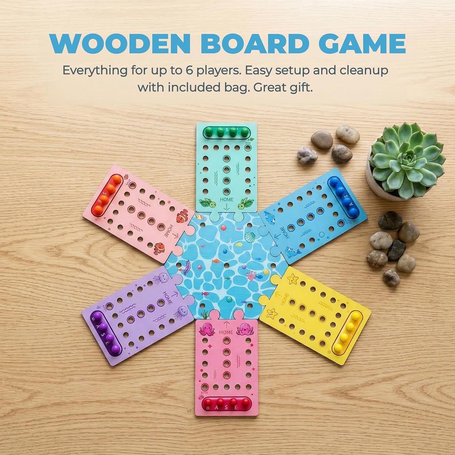 Wooden Board Game, Premium 2-6 Player Wooden Fast Track Board Game-Ocean Animal Theme Single-Sided 36 Colorful Pawns & 12Dice, Fast Track Game for Family Night（18+） image 3