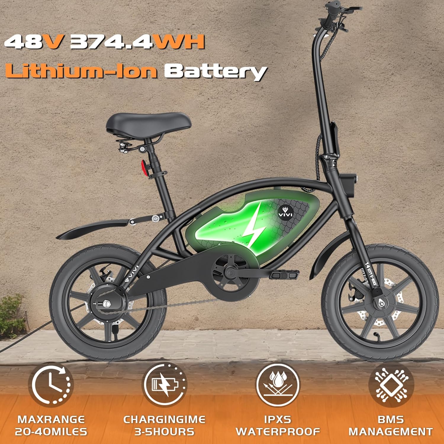 Vivi PONY01 Electric Bike, 14" Electric Bicycle for Adults and Teens Peak 500W Motor 48V 374.4WH Battery, Max 40 Miles Range(Pedal-Assist) & Top 20 Mph, Cruise Control, SGS Certified to UL2849