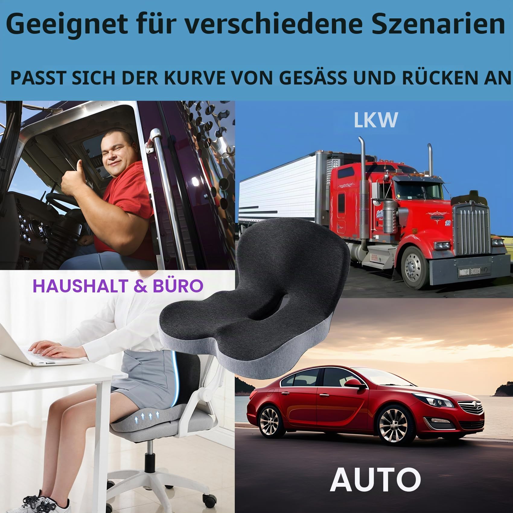 Sitzkissen Memory Foam Sitzkissen für LKW-Fahrer Bürostuhlkissen Hausstuhlkissen Auto Nicht-Rutsch-Polster Ergonomisches Sitzkissen für Büroangestellte Autofahrer