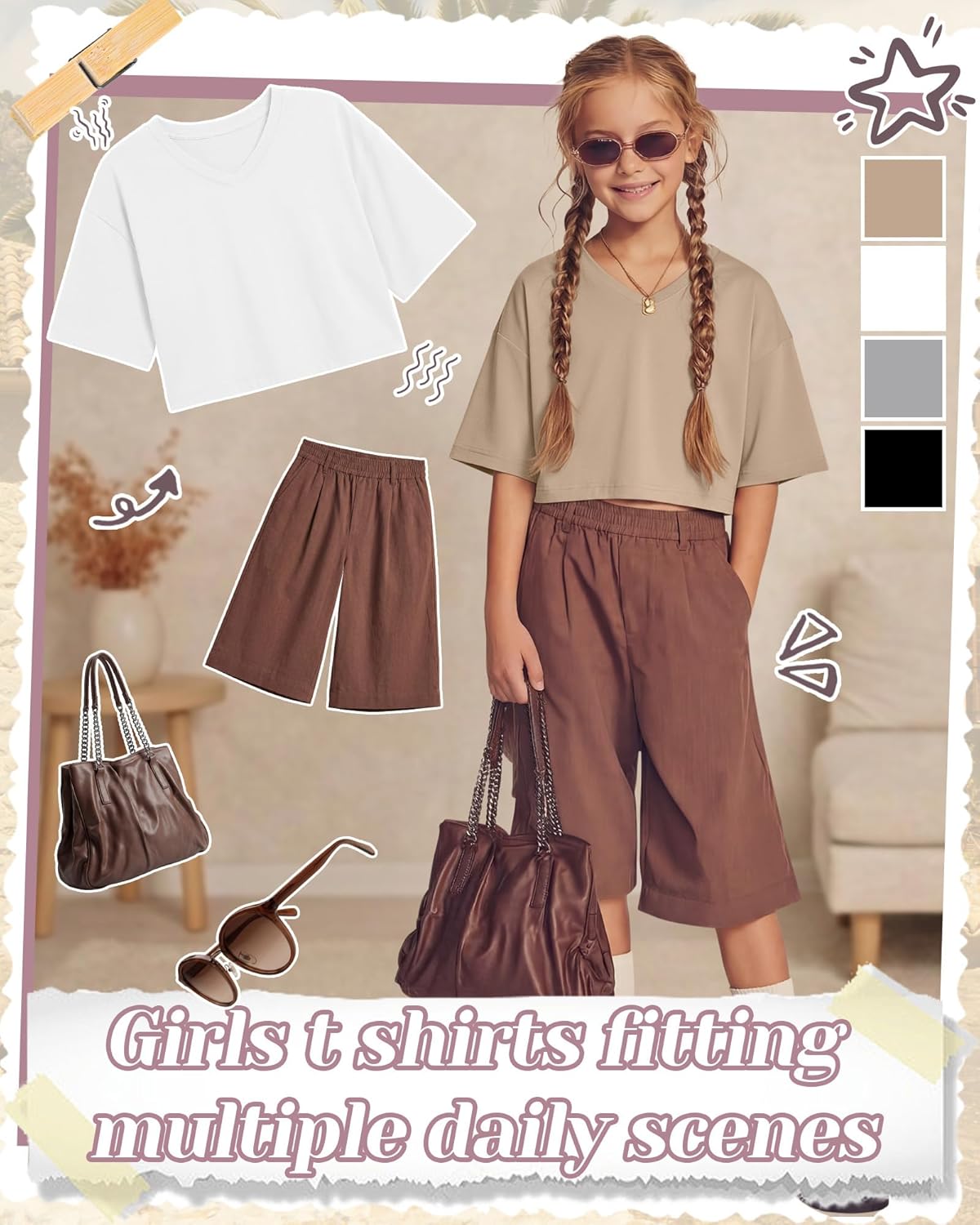 4 Pack Girls V Neck Crop Tops Kids Drop Shoulder Short Sleeve T Shirts Loose Fit Workout Tees 5-14 Years(Black, White, Light Gray, Khaki,13-14 Years)