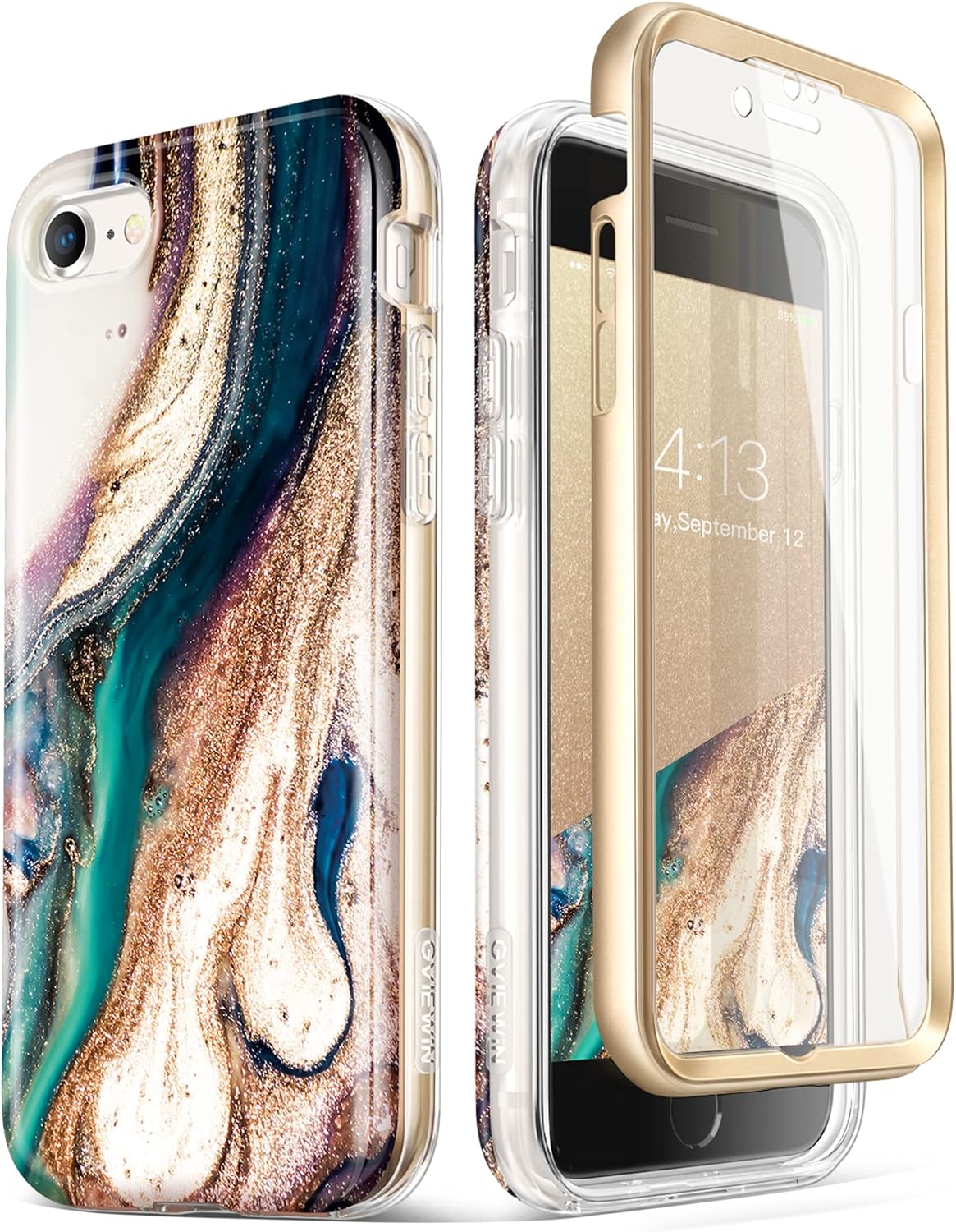 GVIEWIN Designed for iPhone SE 2022 Case (3rd Gen)/SE 2020/iPhone 8/7, [Built-in Screen Protector] Full-Body Protective Marble Cover Shockproof Bumper Case for SE 3/SE 2, 4.7 Inch (Drift Sand/Brown)