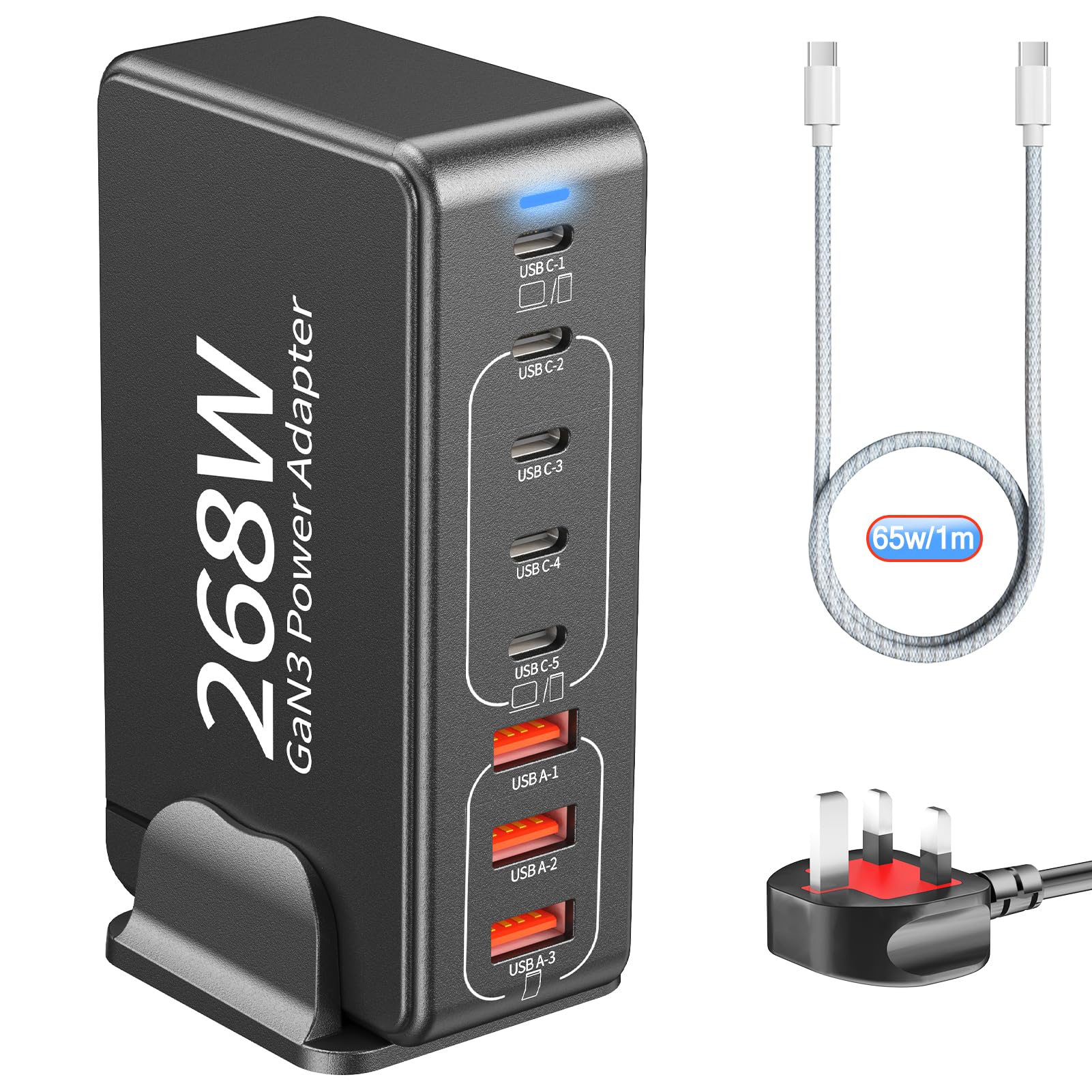 USB C Charging Station:268W 8-Port GaN III Fast Charger for Multiple Devices,USB-C PD 100W Fast Charging Desktop Charger,Compatible with iPhone, Samsung, MacBook, Dell and More