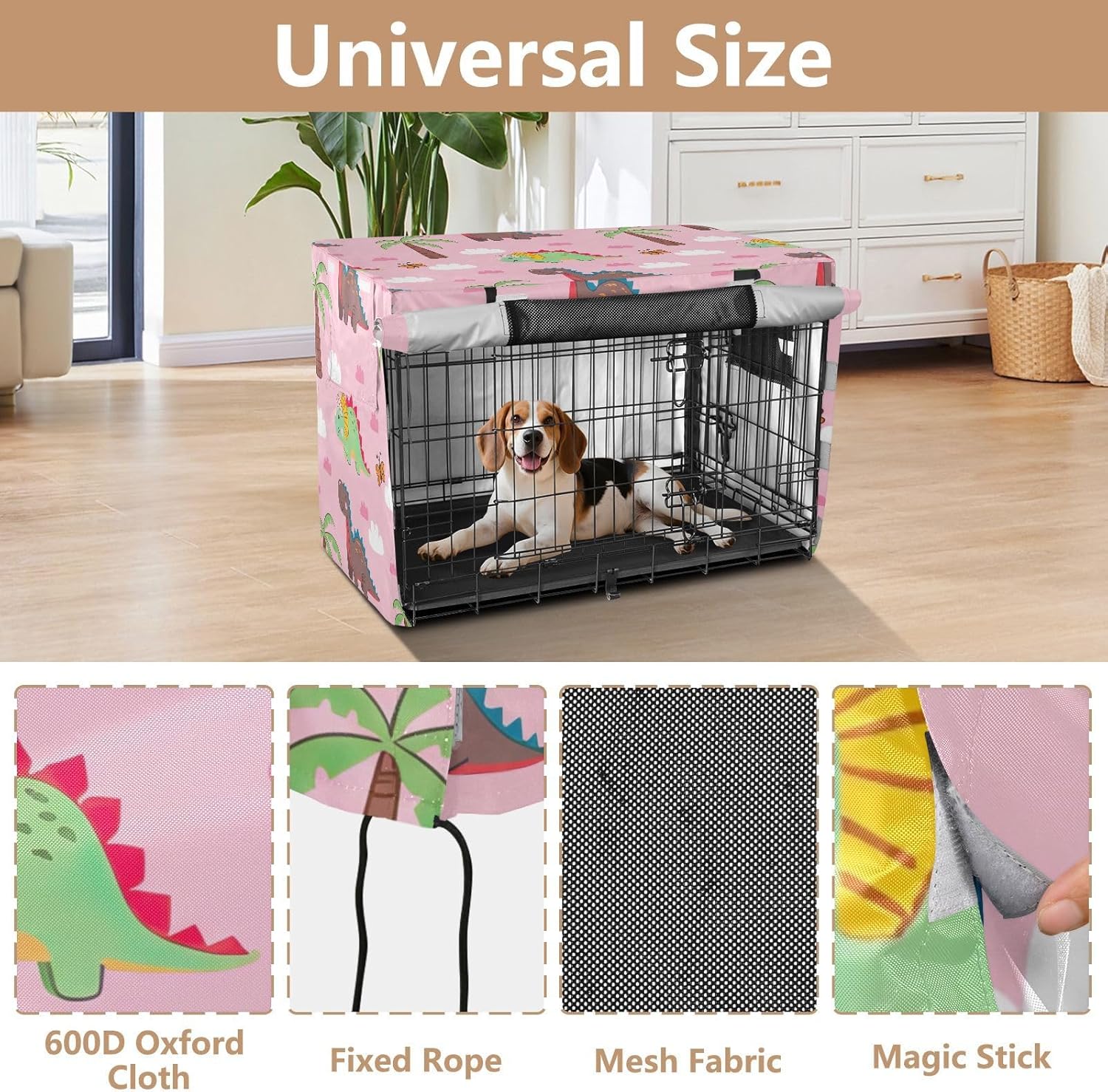 Colorful Cute Dinosaurs Pink Dog Crate Covers Breathable, S-XL Windproof Covers for Pet Cages, X-Large