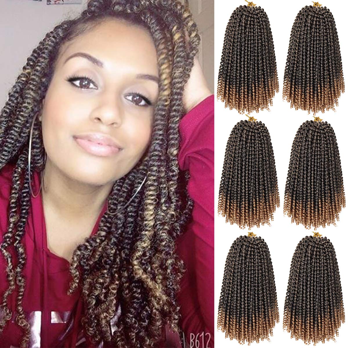 6 Packs Spring Twist Crochet Braids 10 Inch Spring Twists Bomb Twist Hair Fluffy Butterfly Locs Twist Crochet Hair Synthetic Crochet Braiding Hair Extensions for Women (15Strands,T1B/27#)