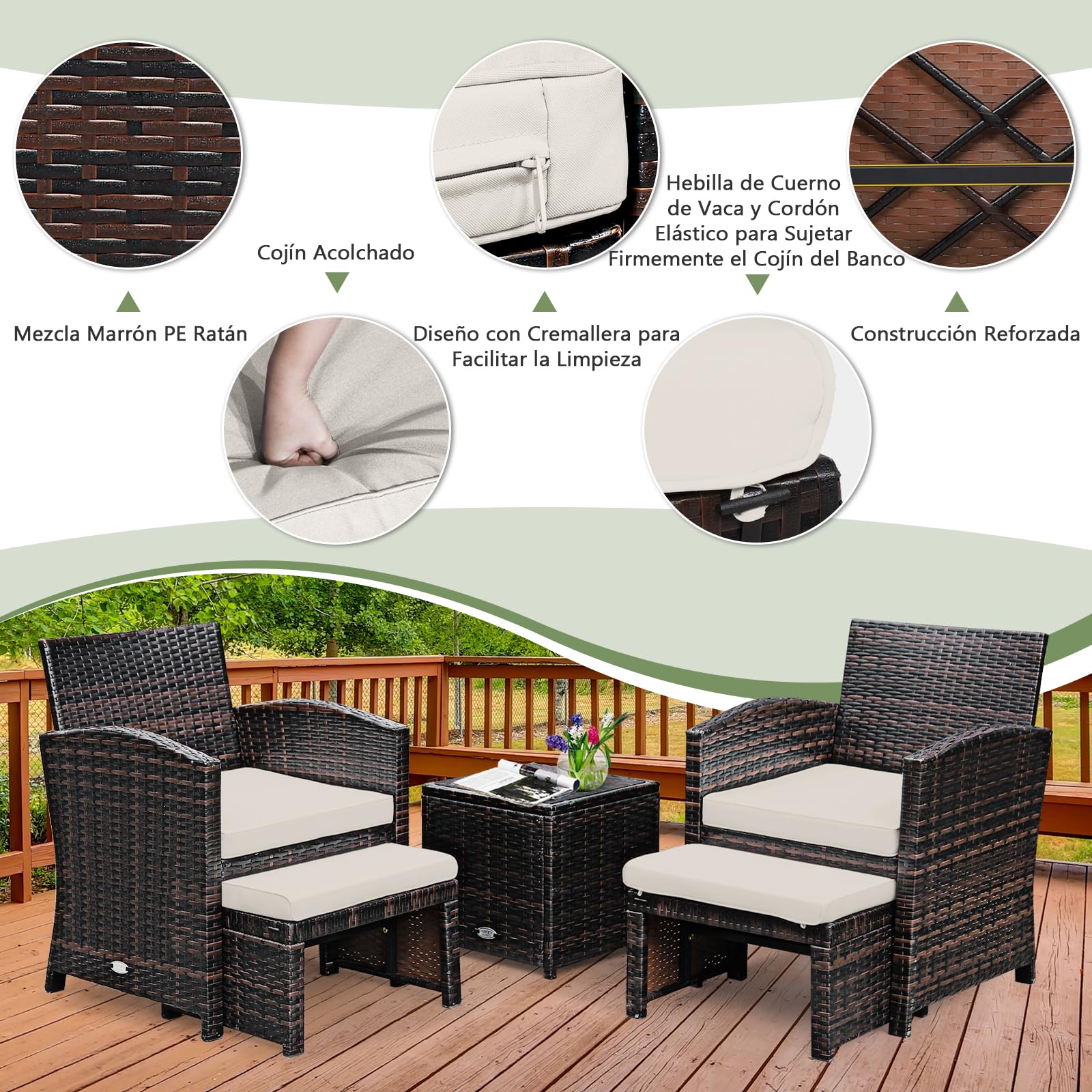 GIANTEX Juego de Muebles de Ratán para Exterior, Conjunto de Muebles 5 Piezas, 2 Sillones con Cojines, 2 Reposapiés y 1 Mesa de Café, Mesa con Espacio de Almacenamiento, para Terraza, Patio (Blanco)