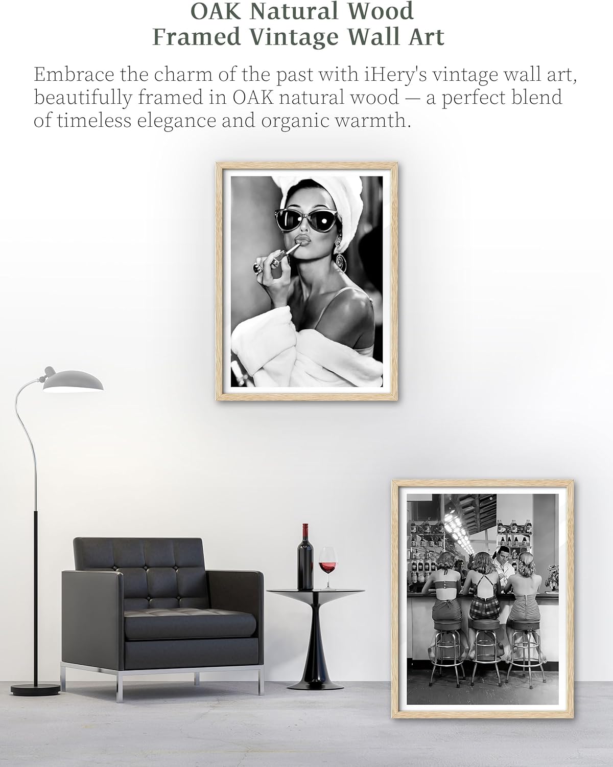 iHery Natural OAK Wood Audrey Hepburn Trendy Framed Wall Art, 12x16 in Vintage Canvas Bedroom Wall Decor, Beige Logs Retro Bathroom Art, Better Late Than Ugly, Set of 1 Apartment Girly Dorm Room