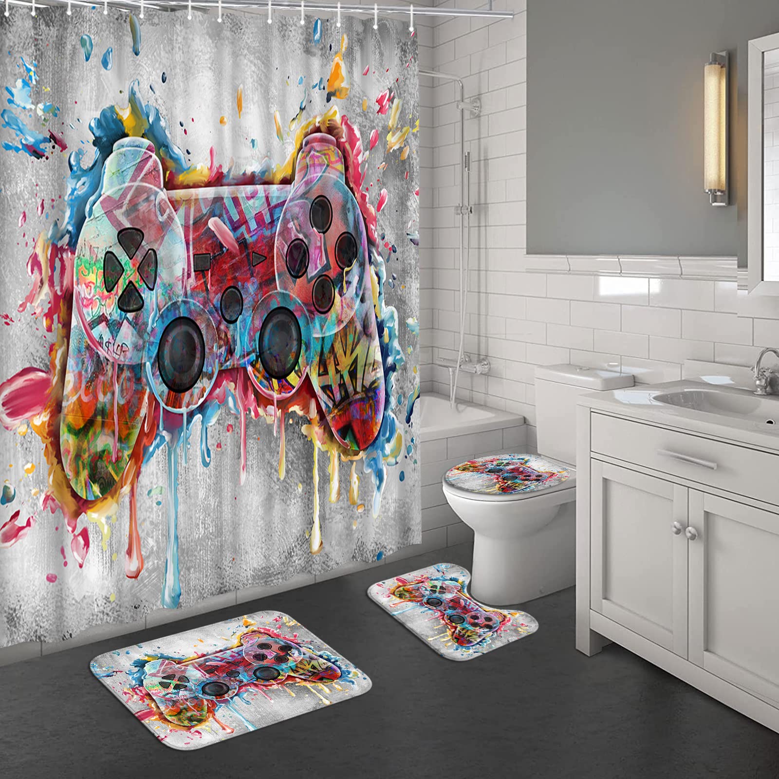 AtGoWac Gaming Shower Curtain Sets with 3 Rugs, Gamer Decor Boys Bathroom Decor 72 x 72 Inch Shower Curtain, Gamer Bath Mat