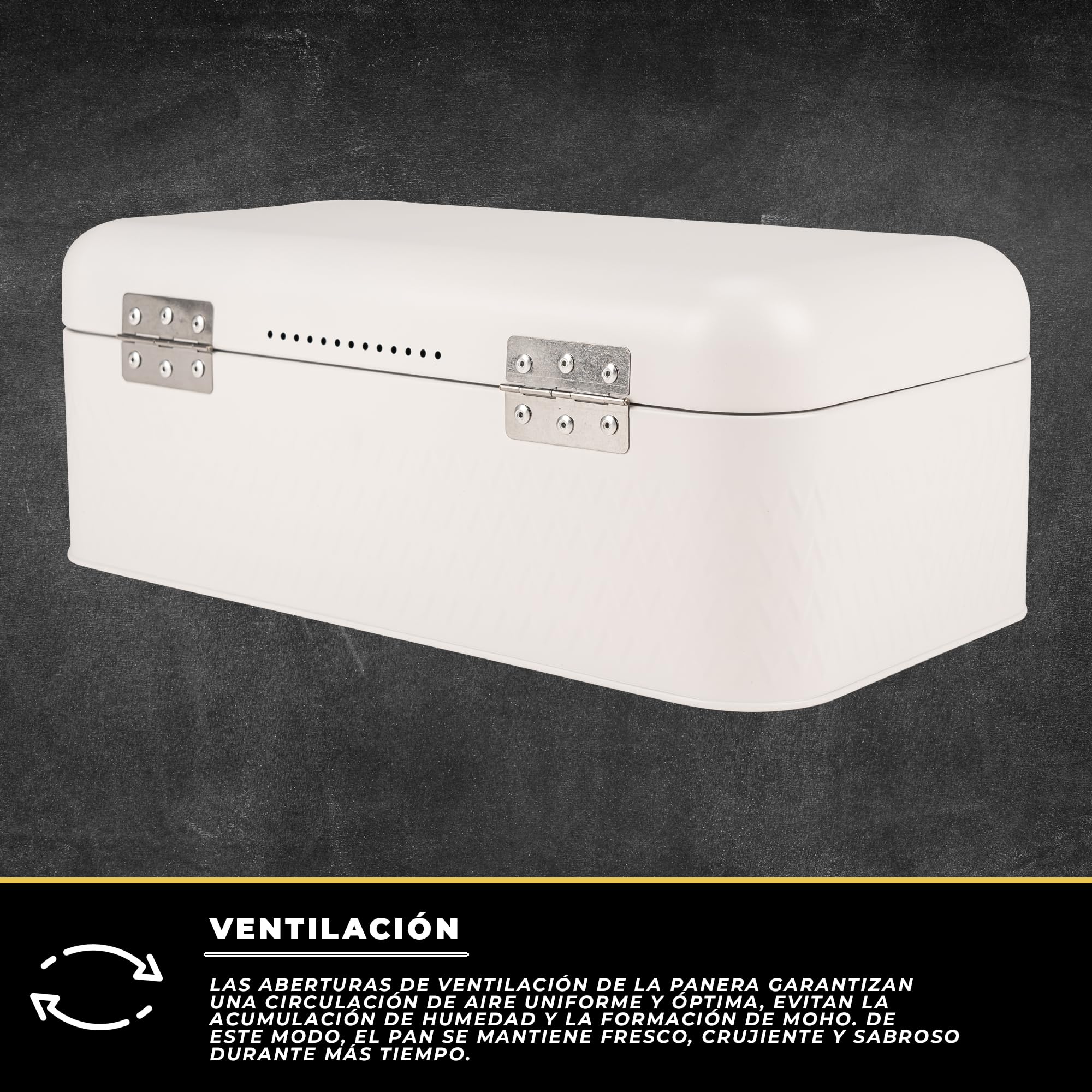 KARL HAUSMANN Panera de Metal Blanca - 42,5x23x16,5 cm - Caja Para Pan Grande Para Pan, Bollos Y Productos De Panadería, Panera Moderna Con Ventilación Para Cocina - Caixa Pao | Panera con relieve frontal geométrico, tapa con bisagra, placa ovalada BREAD,