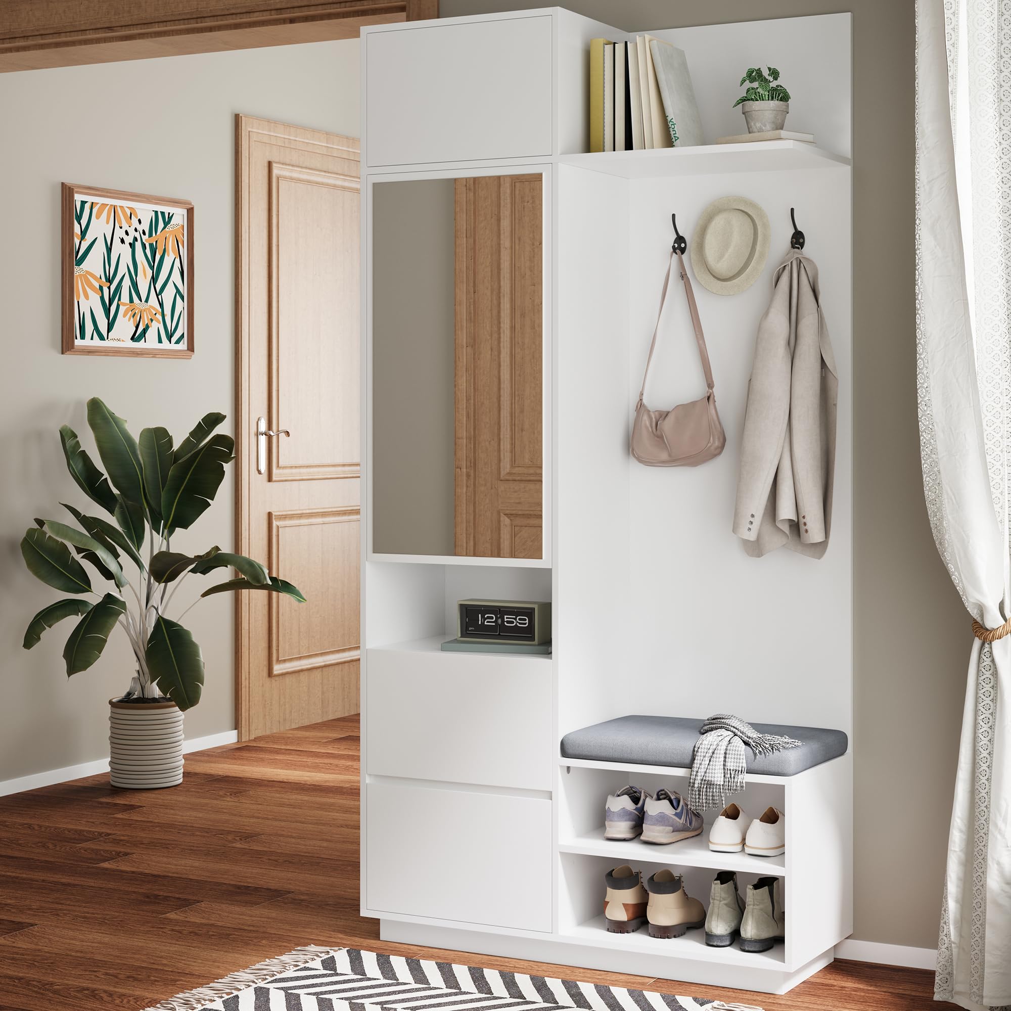 Perchero compacto con espejo, banco y zapatero, perchero de pasillo con gancho y estante, juego de muebles de pasillo que ahorra espacio para pasillo y entrada, 90 x 34,5 x 190 cm (blanco)