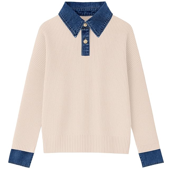 Womens Sweaters Long Sleeve Denim Lapel V Neck Buttons Closure Pullover Tops Casual Winter Polo Sweater