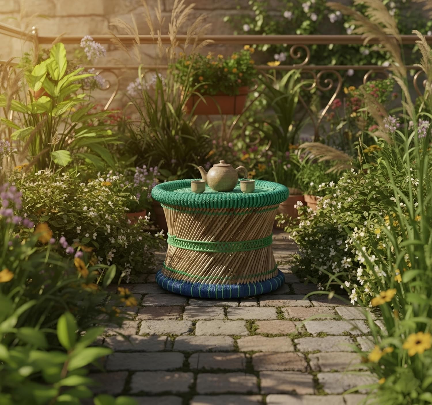 Handmade Bamboo Mudda Chair, Green Blue Color Round Step Stool for Sitting | Natural Bamboo Woven Floor Seating for Living Room, Garden, Dining, Kitchen & Barstool (15 X 15 Inch)