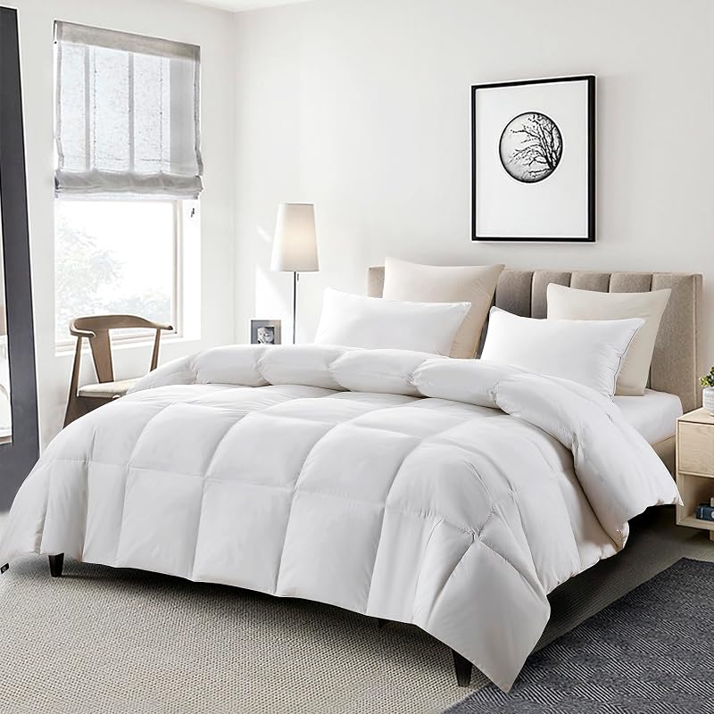 Goose Feather Down Fiber Comforter King Size - 100% Cotton Cover Duvet Insert - Hotel Luxury Hypoallergenic Bedding Comforter All Season Medium Warmth 106 x 90 Inch White | 100% Cotton Cover Hypoallergenic Bedding Comforter All Season Medium Warmth 106 x 90 Inch White
