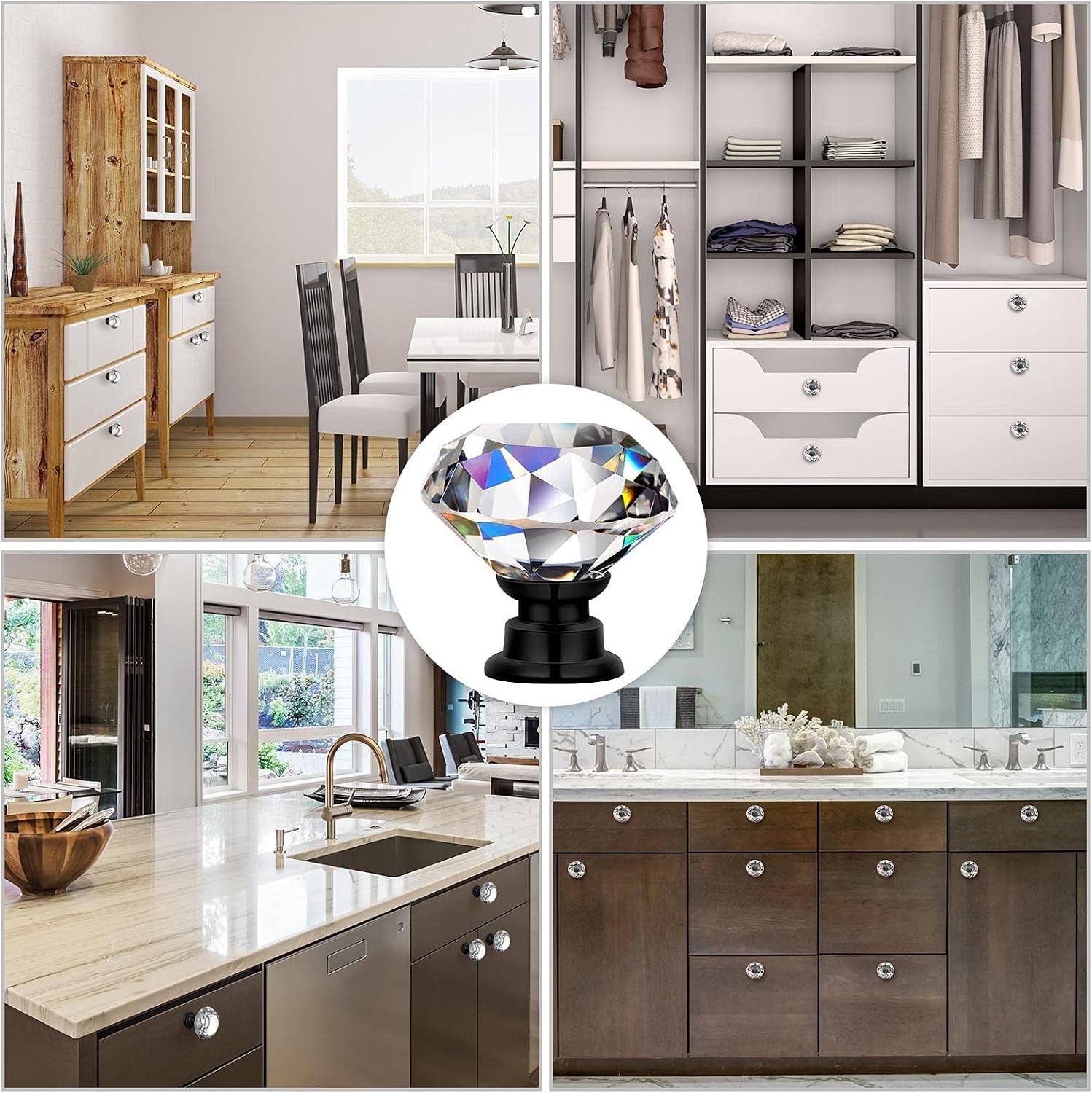 Hotop Cabinet Knobs Drawer Knobs, Crystal Knobs Glass Cabinet Knobs Clear 30mm Diamond Knobs Pulls Handles with Screws for Kitchen Office Bathroom Cabinet (Black,30 Pieces), 5 in (Hole Center)